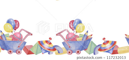 Toys seamless border, blocks, humming top, balloons, blue cart and pencils ribbon clipart. Watercolor play objects wallpaper for nursery decor, fabric, baby shower, girl toddler room, cards Toys seamless border, blocks, humming top, balloons, blue cart and pencils ribbon clipart. Watercolor play objects wallpaper for nursery decor, fabric, baby shower, girl toddler room, cards 117232013
