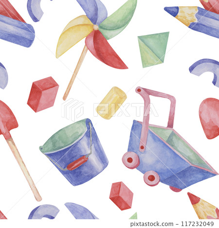 Baby seamless pattern with wheelbarrows, toys, pencils, bucket and shovel in watercolor. Retro toys ornament Hand drawn textile print for kids, children's wallpaper, wrapping, packaging, scrapbooking Baby seamless pattern with wheelbarrows, toys, pencils, bucket and shovel in watercolor. Retro toys ornament Hand drawn textile print for kids, children's wallpaper, wrapping, packaging, scrapbooking 117232049