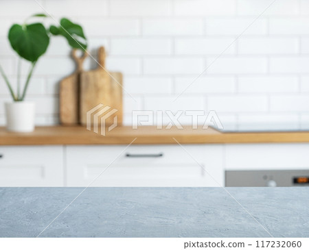 Wooden blue countertop with free space for mounting a product or layout  117232060