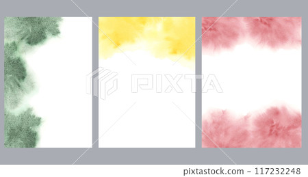 Set of watercolor postcard templates. Dreamy minimalistic abstract flow backgrounds in yellow, green dusty red, liquid cloudy spills for invitation, save the date, wedding, anniversary, sympathy card 117232248