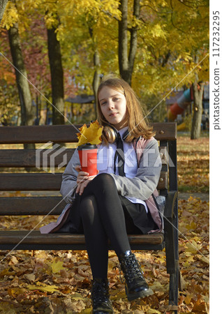 a girl sits on a bench in an autumn park a girl sits on a bench in an autumn park 117232295
