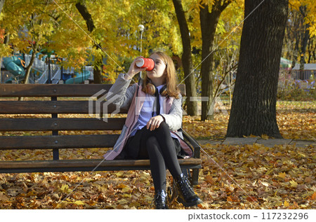girl drinks a warm drink on a bench in the autumn park girl drinks a warm drink on a bench in the autumn park 117232296