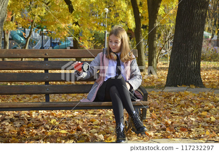 a girl sits on a bench in an autumn park a girl sits on a bench in an autumn park 117232297