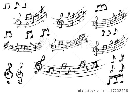 Music note. Simple sound sheet drawing. Black and white doodle melody tone and music key set. Musical sketch design collection. Creative retro musical song 117232338