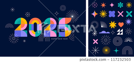 Happy New Year 2025. Geometrical modern style design, concept illustration, banner, poster and Happy New Year 2025. Geometrical modern style design, concept illustration, banner, poster and 117232503