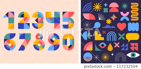 Anniversary concept design. Modern geometric style. Fireworks and celebration colorful background Anniversary concept design. Modern geometric style. Fireworks and celebration colorful background 117232504