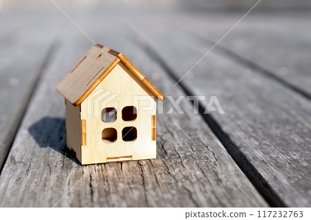 Toy wooden house stands on wooden boards 117232763
