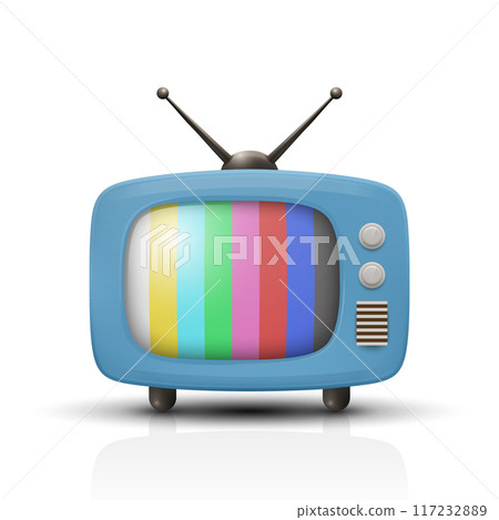 Realistic Vector Vintage Blue TV Set Icon with Striped Test Pattern. Retro TV Icon, Design Template, Clipart. Retro TV Symbol with and Color Bars for Web, Logo, App, UI 117232889