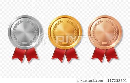 Vector 3d Realistic Blank Golden, Silver and Bronze Award Medal with Red Ribbons Set, Closeup, Isolated. Design Template for Certificates, Awards. Front View 117232891