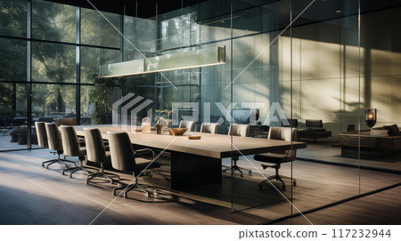 Contemporary office interior with New York city view. Workplace and design concept. 3D Rendering 117232944