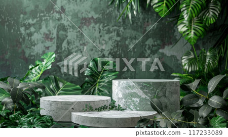 Natural stone and concrete podium on lush green backdrop for product packaging. AI generated. Natural stone and concrete podium on lush green backdrop for product packaging. AI generated. 117233089