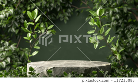 Natural Stone Concrete Podium, Green Background for Product Show, AI Created 117233093