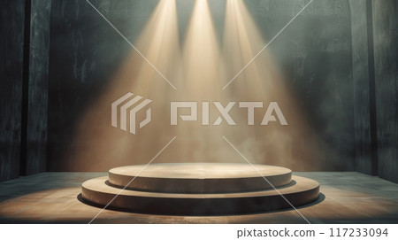 Round Podium Illuminated by Searchlights, Blank Presentation Background, AI Created 117233094