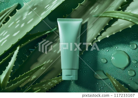 Designer Mock-up: Natural Cream Tube on Aloe Background. AI Generated 117233107