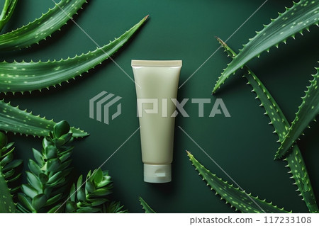 Natural Cream Tube Mockup, Aloe Background, Dreamy Textures, AI Created 117233108
