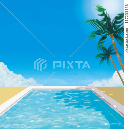 泳池、藍天和棕櫚樹水彩 泳池、藍天和棕櫚樹水彩 117233138