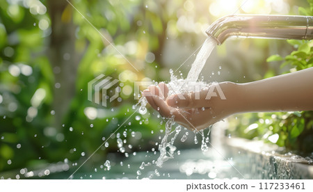 3d Hand Activating Water Tap: Eco And World Water Day Icon For Saving Resources, Environmental Protection, And Ecology. Conceptual 3d Rendering. 3d Hand Activating Water Tap: Eco And World Water Day Icon For Saving Resources, Environmental Protection, And Ecology. Conceptual 3d Rendering. 117233461