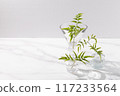 Potted plants in small glass vases. White, grey, with space. 117233564