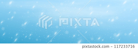 Winter background. Snow on blue texture. Flying snowflakes effect. Snowfall wallpaper. Christmas holiday weather. Falling white flakes. Snowy poster template. Vector illustration 117233716