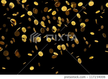 A lot of gold coins falling in the darkness 117234006
