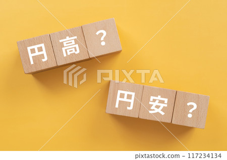 A block with the words "Strong yen? Weak yen?" written on it 117234134