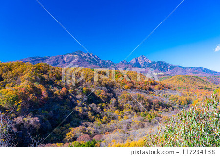 [秋天素材]從八嶽大橋看到的紅葉季節的八岳和藍天[山梨縣] 117234138