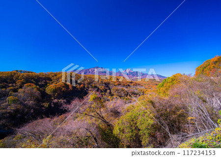 [秋天素材]從八嶽大橋看到的紅葉季節的八岳和藍天[山梨縣] 117234153