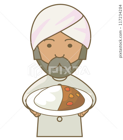 一名頭戴頭巾、留著黑鬍子的印度男子供應咖哩的插圖 117234284