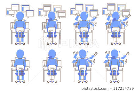 Illustration set of an office worker busy working in front of a computer Illustration set of an office worker busy working in front of a computer 117234759