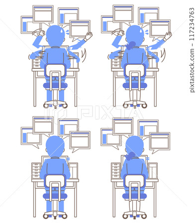 Back view of a hard-working employee sitting in front of a computer Illustration set with computer screen Back view of a hard-working employee sitting in front of a computer Illustration set with computer screen 117234763