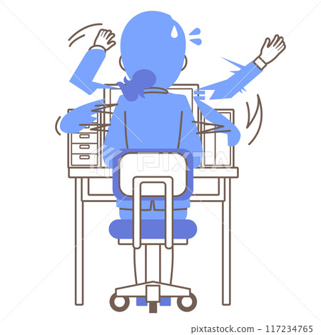 Rear view of a female employee busy with clerical work on a computer 117234765
