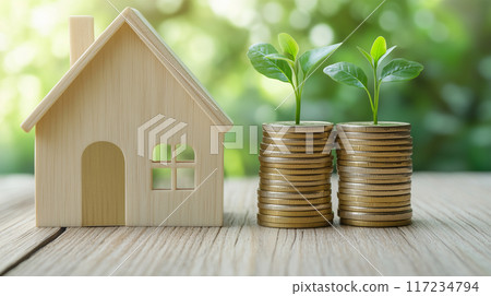 Wooden house miniature with gold and sprouts 117234794