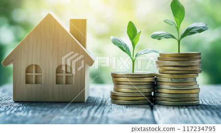 Wooden house miniature with gold and sprouts 117234795