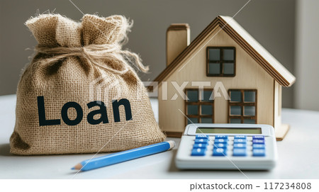 貸款書面袋和木屋模型和計算器 貸款書面袋和木屋模型和計算器 117234808