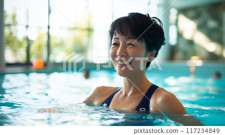 Japanese woman swimming in an indoor pool 117234849