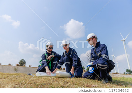 Team engineer wind turbine worker safety uniform 117234932