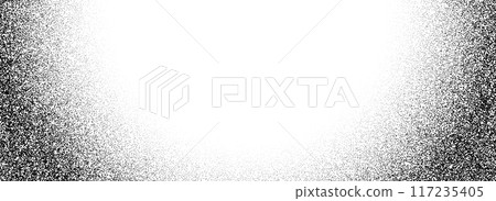 Black stipple gradient texture. Grunge dotted noise background. Black gritty splattered sand halftone overlay. Radial distressed sprayed dotwork grain with specks, dust, dots, speckles. Vector 117235405