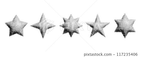 Halftone grain star set. Dotted 3d star shape collection. Y2K bitmap gradient elements bundle. Pixel comic burst and sparkle elements for graphic design, poster, banner. Vector pack Halftone grain star set. Dotted 3d star shape collection. Y2K bitmap gradient elements bundle. Pixel comic burst and sparkle elements for graphic design, poster, banner. Vector pack 117235406