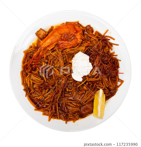 Pasta with seafood contains tiger prawns, shell mussels, spices and white sauce Pasta with seafood contains tiger prawns, shell mussels, spices and white sauce 117235990