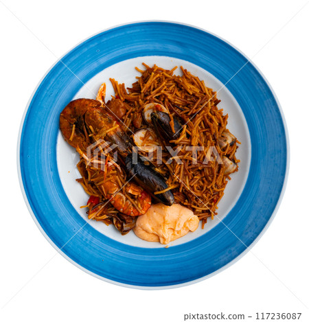 Fideua with seafood served on platter 117236087