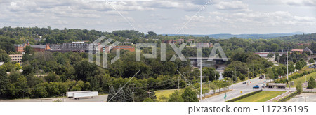 Sherbrooke Downtown Summer Cityscape, Eastern Townships Estrie Region in Quebec, Canada small city in the forest. 117236195