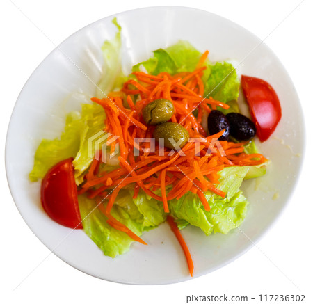 Vitamin salad of fresh vegetables, tomato, olives, onions is prepared for home snack Vitamin salad of fresh vegetables, tomato, olives, onions is prepared for home snack 117236302