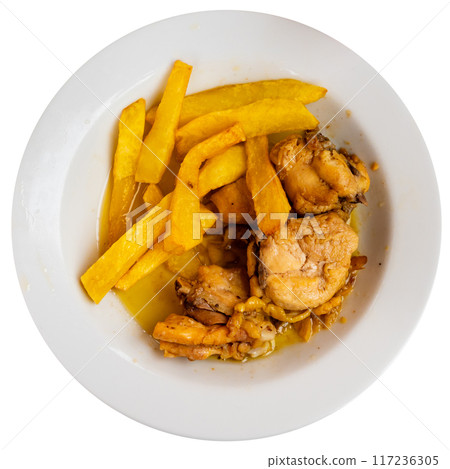 Fried chicken served with potatoes and garlic 117236305