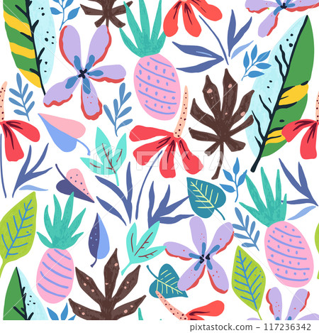 Tropical pattern with doodle floral and fruit elements. Tropical pattern with doodle floral and fruit elements. 117236342