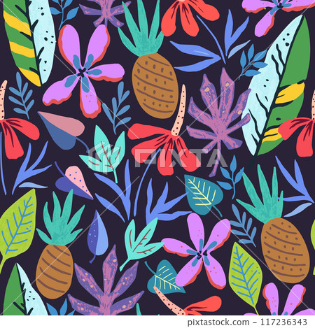 Tropical pattern with doodle floral and fruit elements. Tropical pattern with doodle floral and fruit elements. 117236343