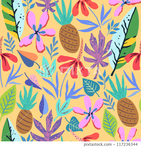 Tropical pattern with doodle floral and fruit elements. Tropical pattern with doodle floral and fruit elements. 117236344