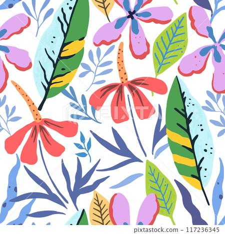 Tropical pattern with doodle floral and fruit elements. Tropical pattern with doodle floral and fruit elements. 117236345