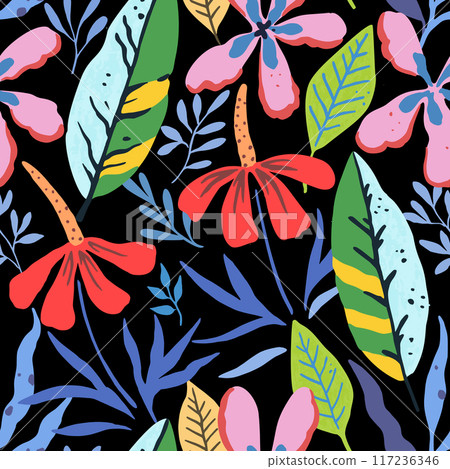 Tropical pattern with doodle floral and fruit elements. Tropical pattern with doodle floral and fruit elements. 117236346