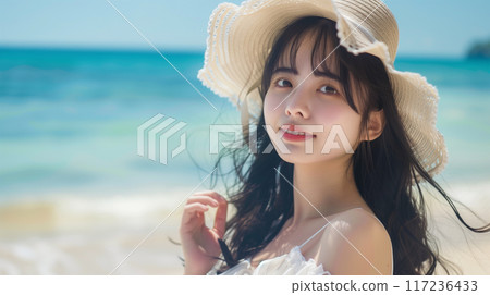 A woman looking at the white sand beach and blue sea 117236433