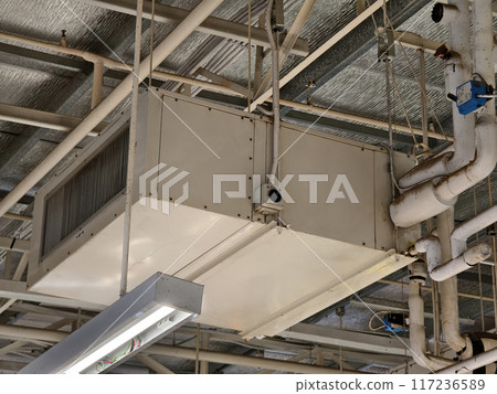 Ceiling with ventilation pipes and lights in industrial building 117236589
